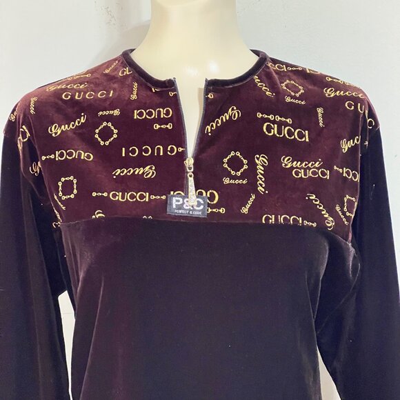 Vintage Brown Velvet Logo Top with Rhinestone Zip Detail, Size M - Picture 12 of 16
